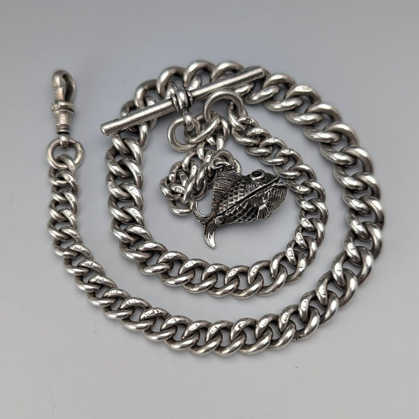 Circa 1900 British antique sterling silver Albert chain 53g fish charm fob
